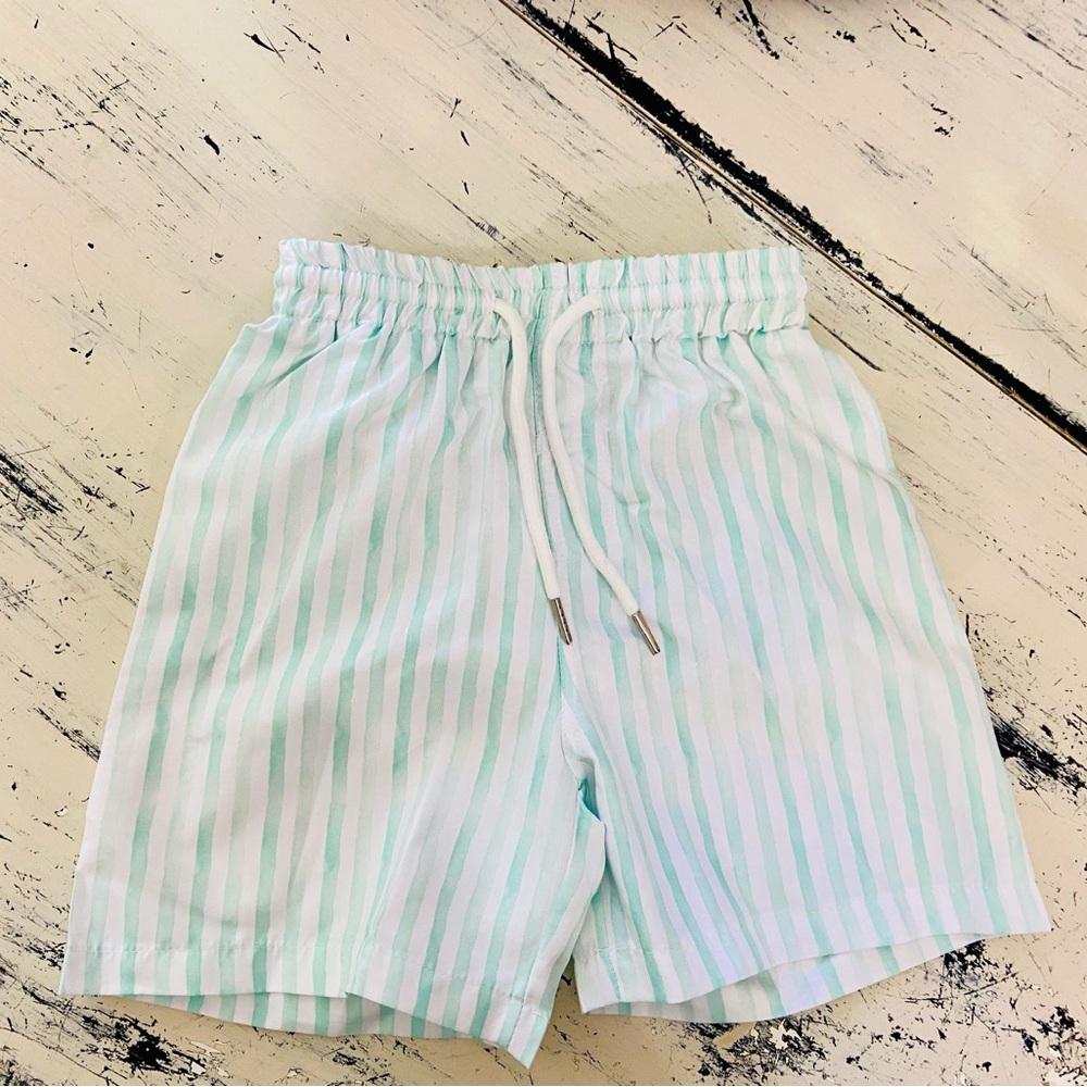 Boys Size 6 Striped White & Green Swim Trunks NWOT